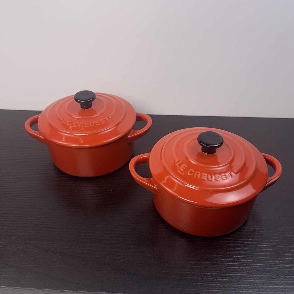 Le Creuset 2X Mini Round Cocotte 8 oz Cerise Stoneware Set of 2 w/Lids New Red
